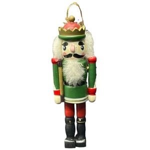 Vintage Wooden King Nutcracker Green Gold Crown Christmas Ornament 4" VG